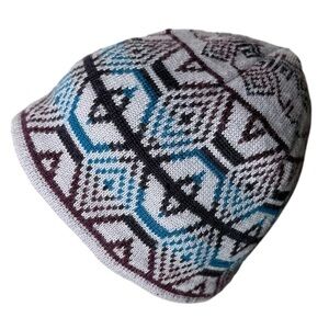 COLUMBIA Unisex Vintage Fair Isle Wool Blend Knit Beanie Toque Grey Blue Maroon